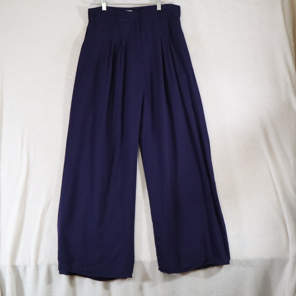 Women's M Navy Wide‑Leg Pants – High Waist Pleated Trousers Soft Flowing Fit